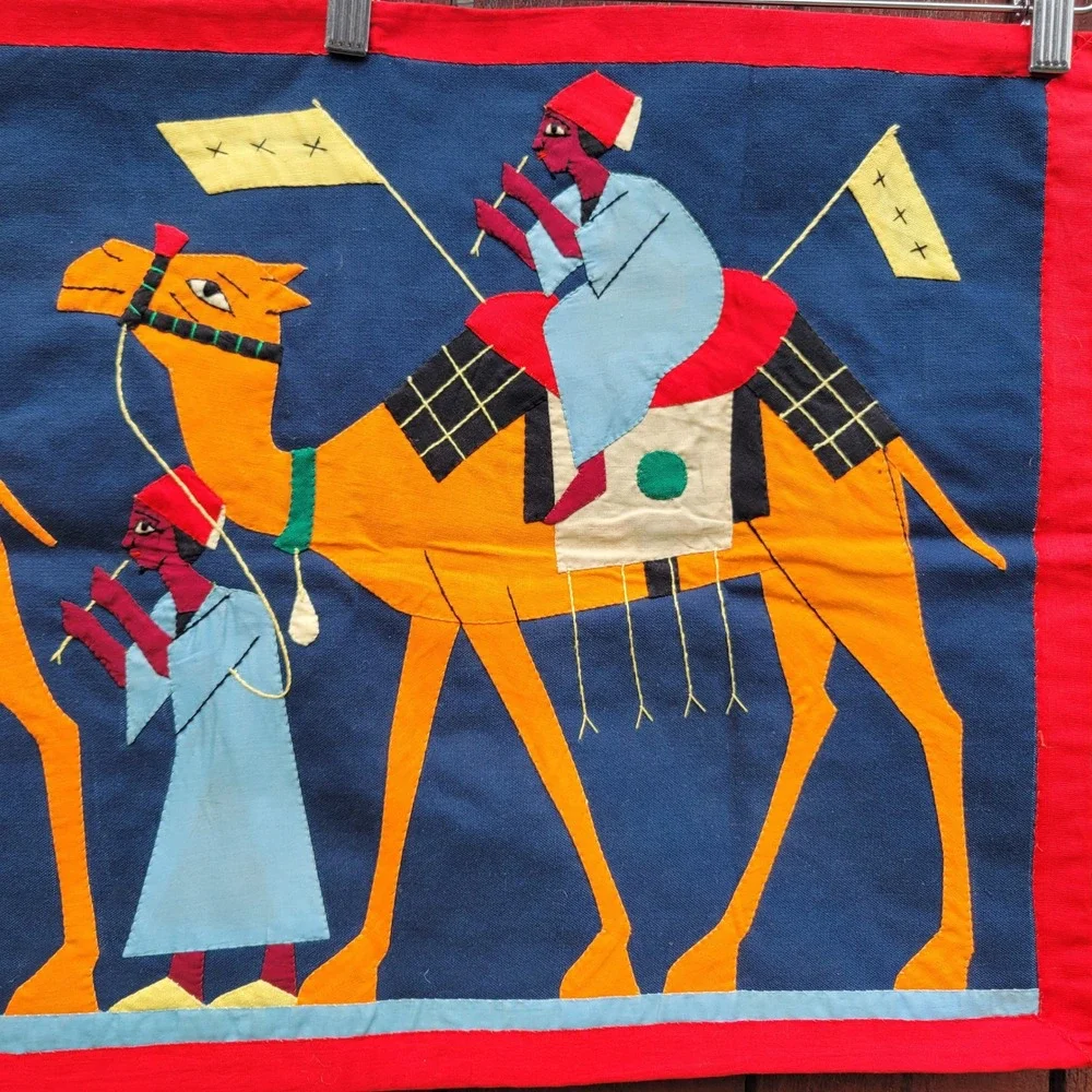 Vintage Egyptian Khayamiya Applique Wall Hanging Camel Caravan Textile Folk Art